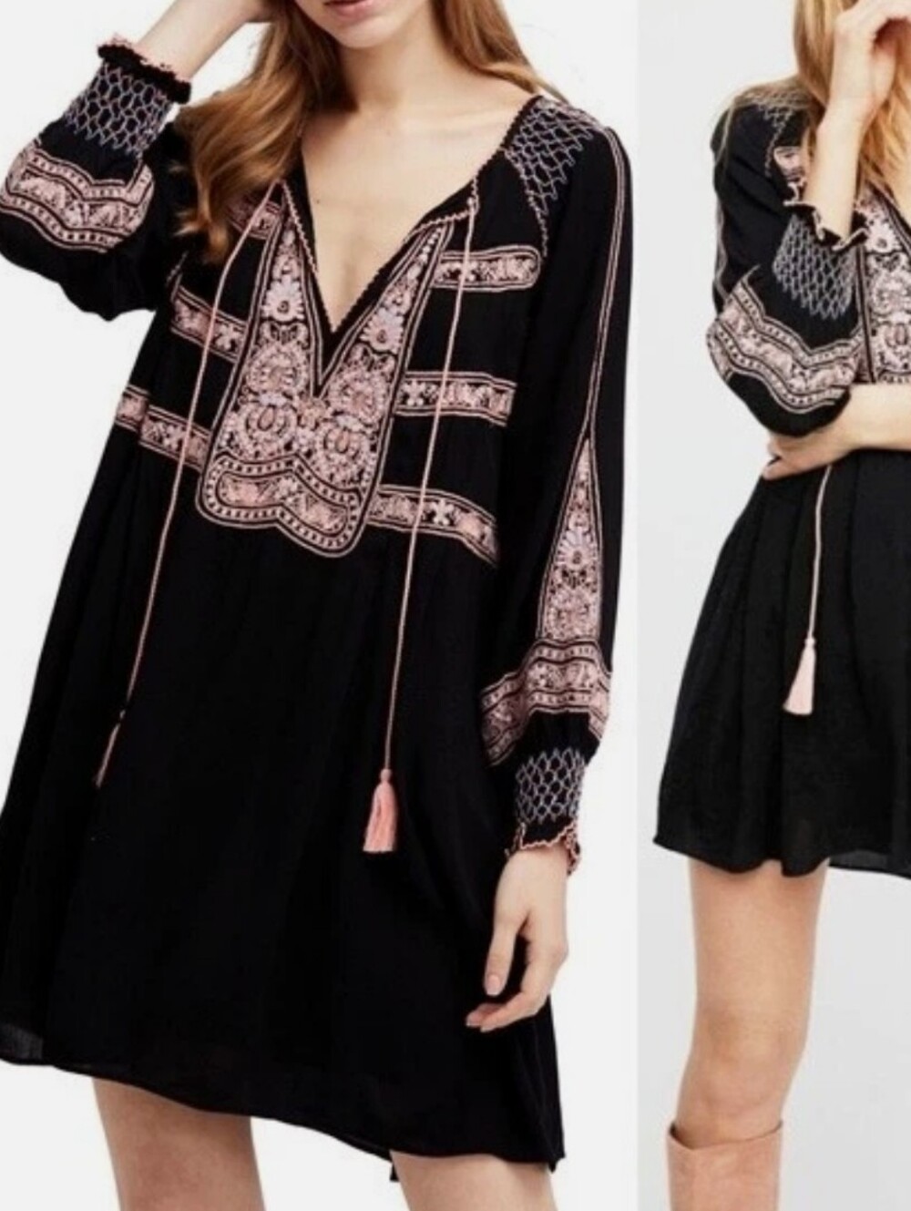 Free People Black Mini Dress with Pink Embroidery - Boho V-Neck Tunic